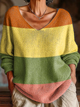 Women's Vintage Stripe Color Block Painting Art Print Casual Pullover Sweater